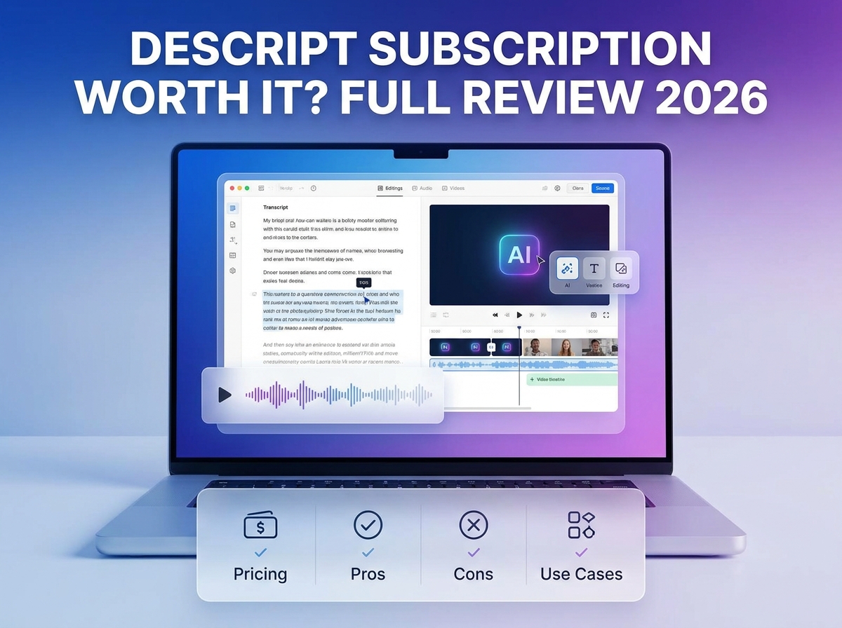 Descript subscription worth it review showing AI video editing, pricing, pros, cons, and creator use cases.jpeg
