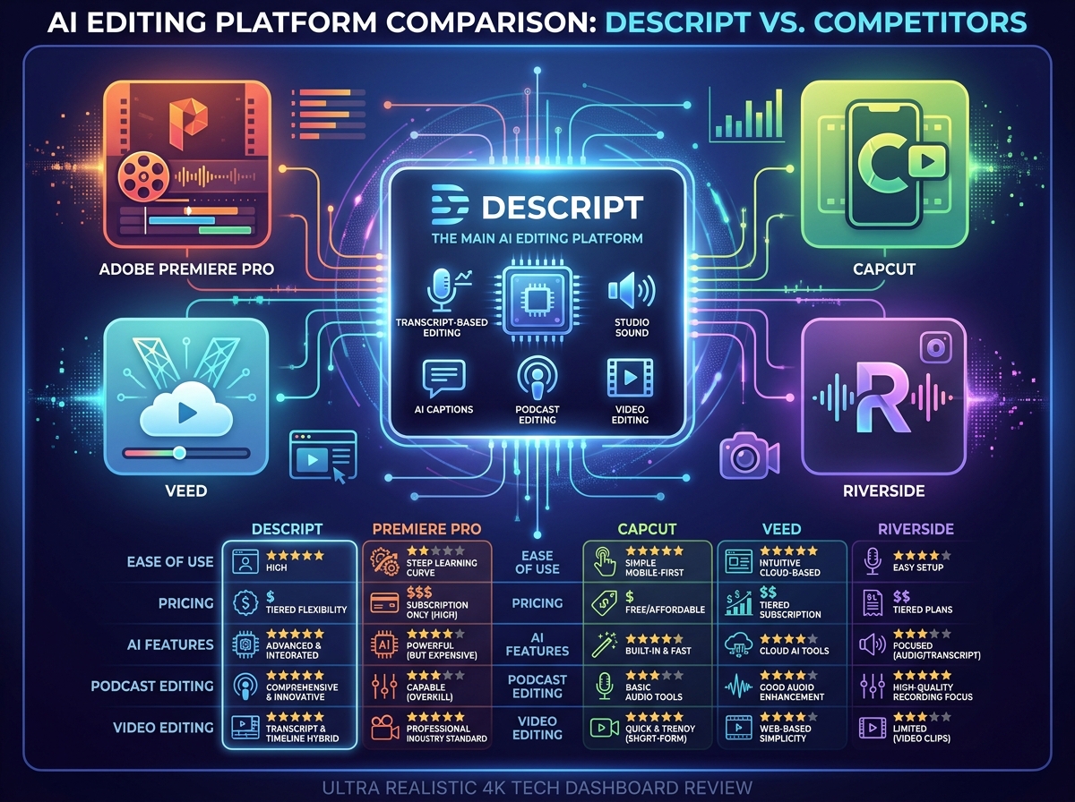 Descript subscription worth it comparison showing Descript vs Adobe Premiere Pro, CapCut, VEED, and Riverside  .jpeg
