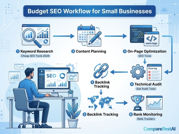 cheap SEO tools 2026 workflow for small business keyword research, content, audit, and tracking .jpg