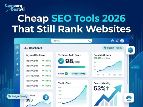 cheap SEO tools 2026 dashboard showing keyword rankings, audits, backlinks, and traffic growth .jpg