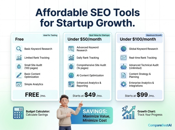 affordable SEO tools for startups showing pricing tiers under 50 and 100 dollars.jpg