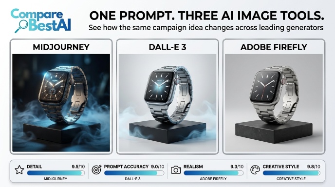 Same smartwatch campaign prompt compared across Midjourney, DALL-E 3, and Adobe Firefly outputs.jpg