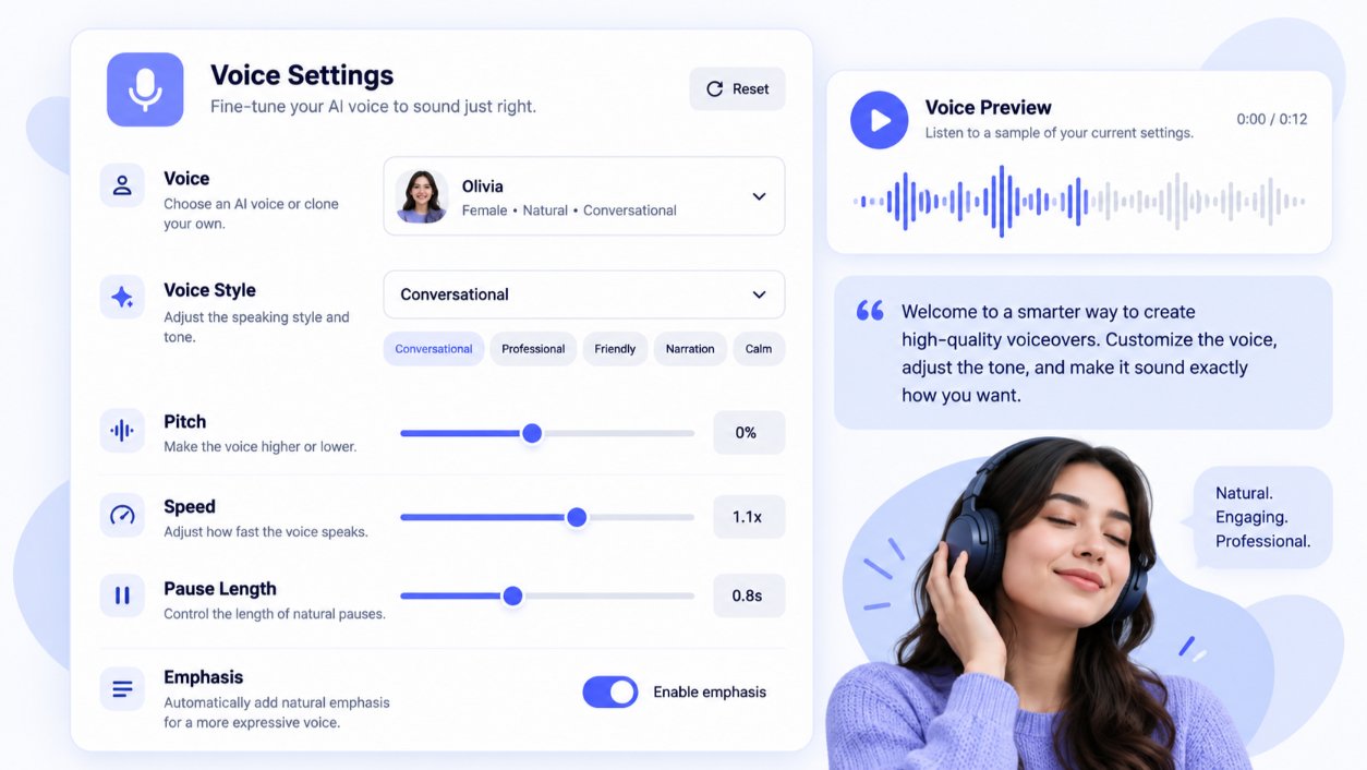 Murf AI voice generator settings for pitch, speed, pauses, and voice style.jpg