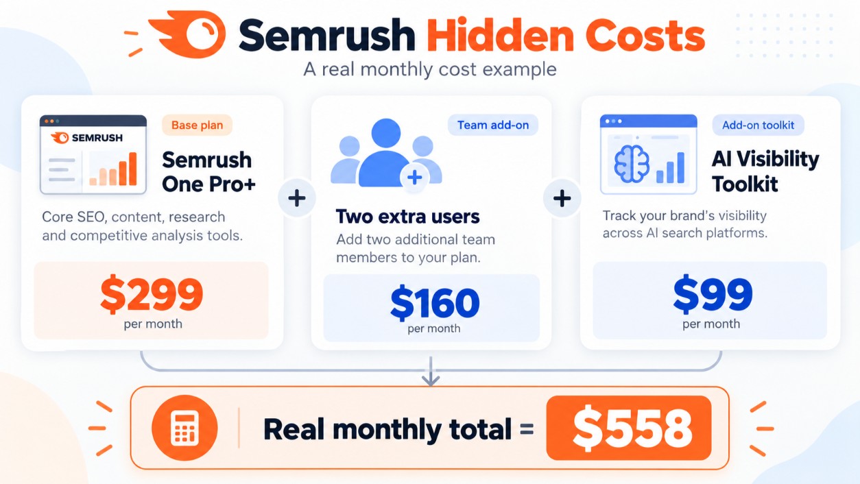 Semrush hidden costs extra users and toolkits added to the base plan price.jpg