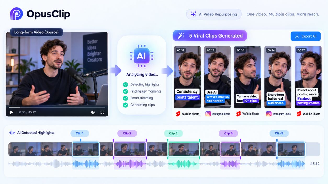 AI video editing tool turning a long video into short clips for YouTube Shorts and Reels.jpg