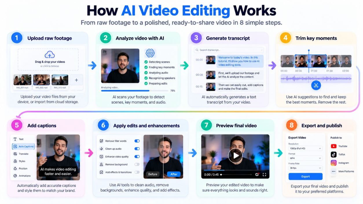 Step-by-step AI video editing workflow from raw footage to polished video.jpg