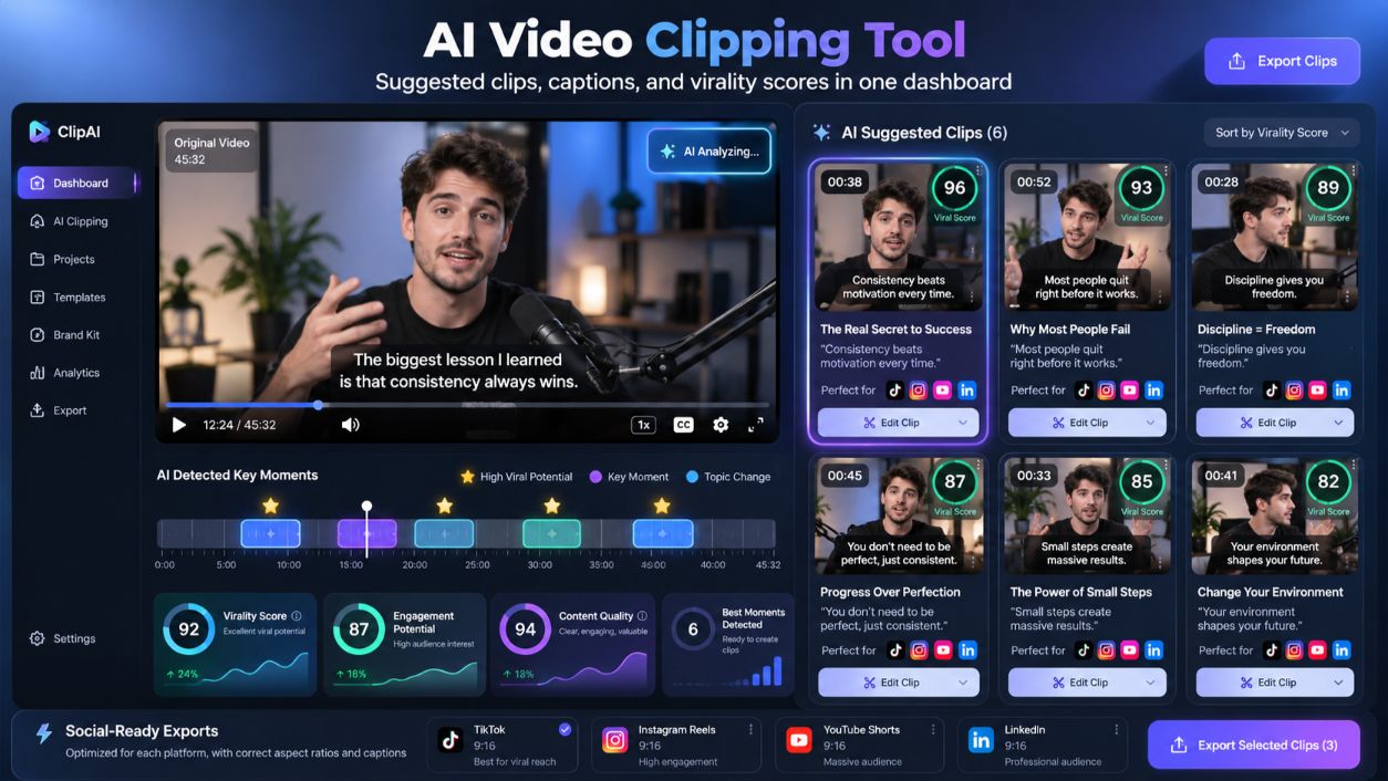 AI video clipping tool showing suggested short clips with captions and scores.jpg